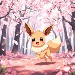 Adorable Eevee playing joyfully in a sakura-filled forest, surrounded by falling cherry blossom petals