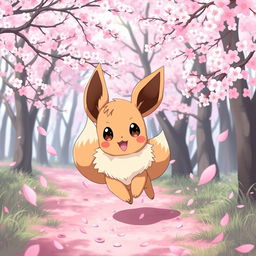 Adorable Eevee playing joyfully in a sakura-filled forest, surrounded by falling cherry blossom petals