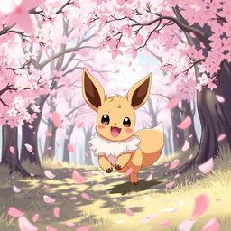 Adorable Eevee playing joyfully in a sakura-filled forest, surrounded by falling cherry blossom petals