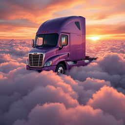 a close-up view of a shiny lavender Freightliner Cascadia resting atop a vast ocean of fluffy clouds, high in the sky during sunset