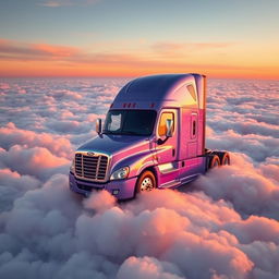 a close-up view of a shiny lavender Freightliner Cascadia resting atop a vast ocean of fluffy clouds, high in the sky during sunset