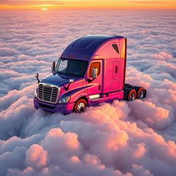 a close-up view of a shiny lavender Freightliner Cascadia resting atop a vast ocean of fluffy clouds, high in the sky during sunset