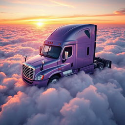 a close-up view of a shiny lavender Freightliner Cascadia resting atop a vast ocean of fluffy clouds, high in the sky during sunset