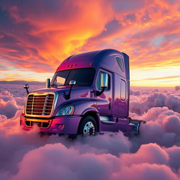 a shiny lavender Freightliner Cascadia captured from a dynamic angle, positioned majestically amidst a sea of fluffy clouds high in the sky during sunset