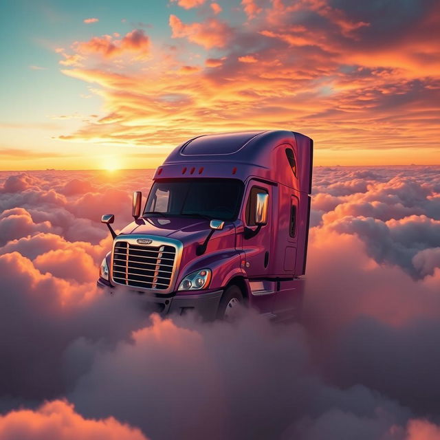 a shiny lavender Freightliner Cascadia captured from a dynamic angle, positioned majestically amidst a sea of fluffy clouds high in the sky during sunset