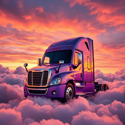 a shiny lavender Freightliner Cascadia captured from a dynamic angle, positioned majestically amidst a sea of fluffy clouds high in the sky during sunset