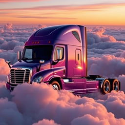 a shiny lavender Freightliner Cascadia captured from a dynamic angle, positioned majestically amidst a sea of fluffy clouds high in the sky during sunset