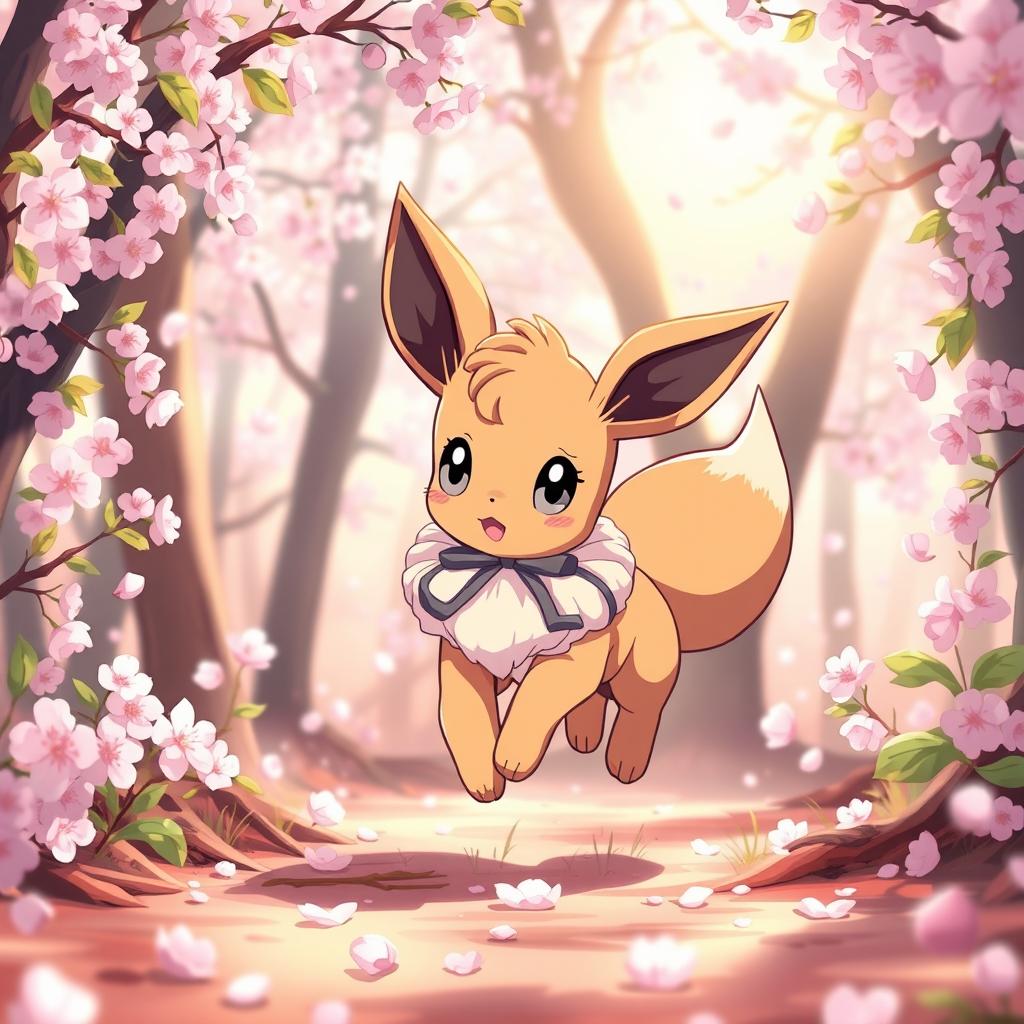 An adorable female Eevee with two tails and gray eyes, wearing a cute ribbon, playfully frolicking in a sakura-filled forest