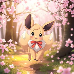 An adorable female Eevee with two tails and gray eyes, wearing a cute ribbon, playfully frolicking in a sakura-filled forest