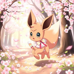 An adorable female Eevee with two tails and gray eyes, wearing a cute ribbon, playfully frolicking in a sakura-filled forest