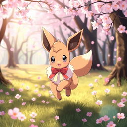 An adorable female Eevee with two tails and gray eyes, wearing a cute ribbon, playfully frolicking in a sakura-filled forest