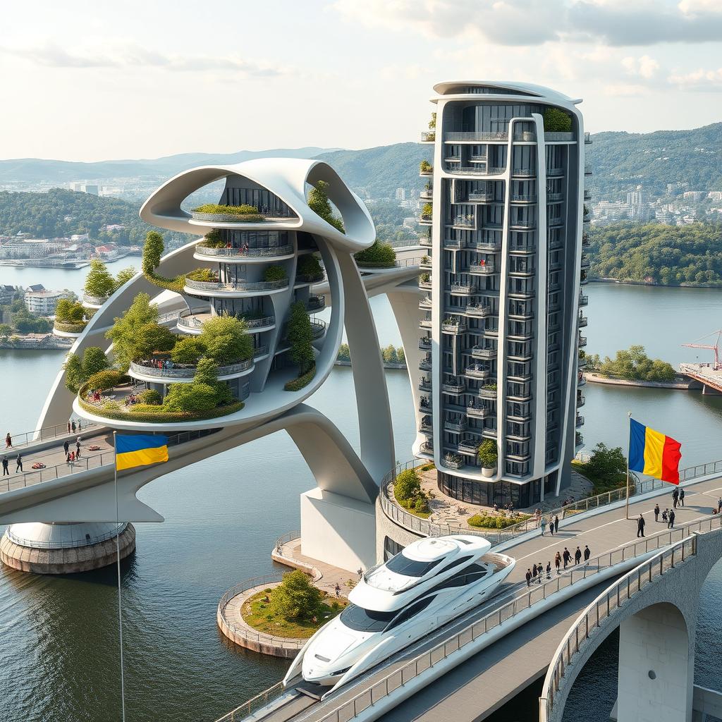 A breathtaking scene of a bridge adorned with high bionic arches, supporting horizontal bionic houses with flowing roofs and a tall vertical bionic skyscraper integrated into the bridge's design