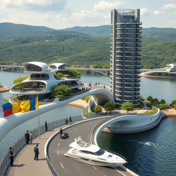 A breathtaking scene of a bridge adorned with high bionic arches, supporting horizontal bionic houses with flowing roofs and a tall vertical bionic skyscraper integrated into the bridge's design