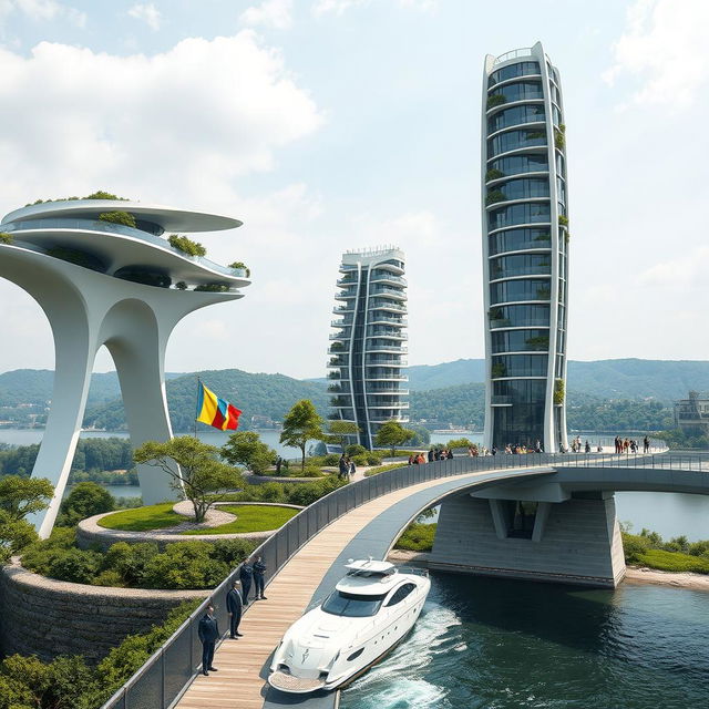 A breathtaking scene of a bridge adorned with high bionic arches, supporting horizontal bionic houses with flowing roofs and a tall vertical bionic skyscraper integrated into the bridge's design