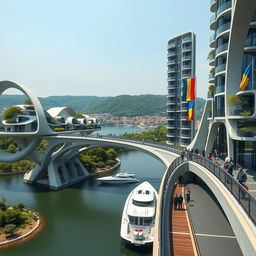 A breathtaking scene of a bridge adorned with high bionic arches, supporting horizontal bionic houses with flowing roofs and a tall vertical bionic skyscraper integrated into the bridge's design