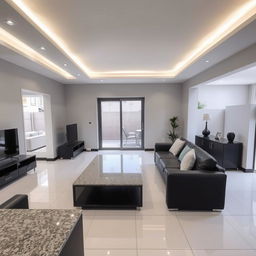 Modern living room with a cozy atmosphere, featuring white porcelain tile flooring and black porcelain baseboards