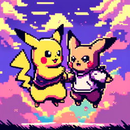 Pixel art profile picture featuring Pikachu and Mew in a friendly battle against a twilight sky.