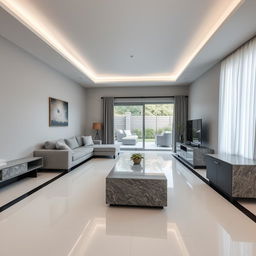 Modern living room with a cozy atmosphere, featuring white porcelain tile flooring and black porcelain baseboards