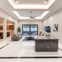 Modern living room with a cozy atmosphere, featuring white porcelain tile flooring and black porcelain baseboards