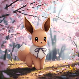 An adorable female Eevee with soft, fluffy fur and sparkling eyes, wearing a delicate ribbon around its neck