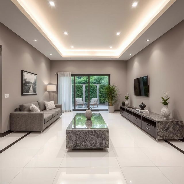 Modern living room with a cozy atmosphere, featuring white porcelain tile flooring and black porcelain baseboards