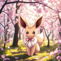 An adorable female Eevee with soft, fluffy fur and sparkling eyes, wearing a delicate ribbon around its neck