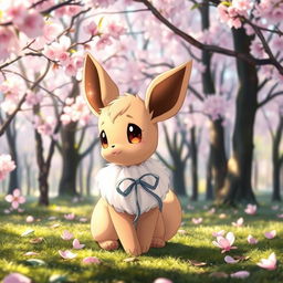 An adorable female Eevee with soft, fluffy fur and sparkling eyes, wearing a delicate ribbon around its neck