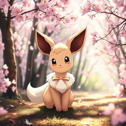 An adorable female Eevee with soft, fluffy fur and sparkling eyes, wearing a delicate ribbon around its neck