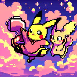 Pixel art profile picture featuring Pikachu and Mew in a friendly battle against a twilight sky.