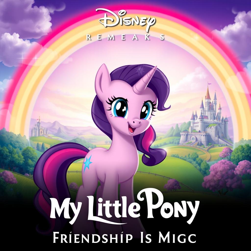 A Disney poster for the remake of "My Little Pony: Friendship Is Magic," featuring the beloved character Twilight Sparkle in a prominent and enchanting pose