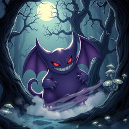 A stunning illustration of Gengar, a ghost and poison-type Pokémon, surrounded by an eerie forest