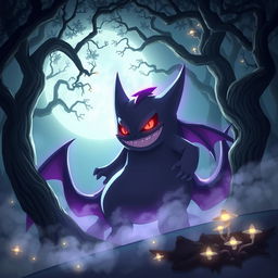 A stunning illustration of Gengar, a ghost and poison-type Pokémon, surrounded by an eerie forest