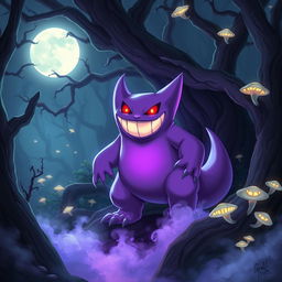 A stunning illustration of Gengar, a ghost and poison-type Pokémon, surrounded by an eerie forest