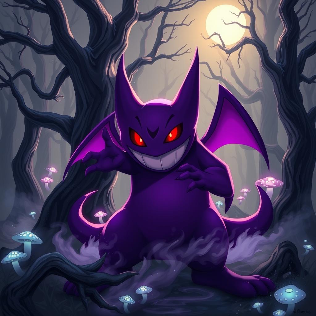 A stunning illustration of Gengar, a ghost and poison-type Pokémon, surrounded by an eerie forest