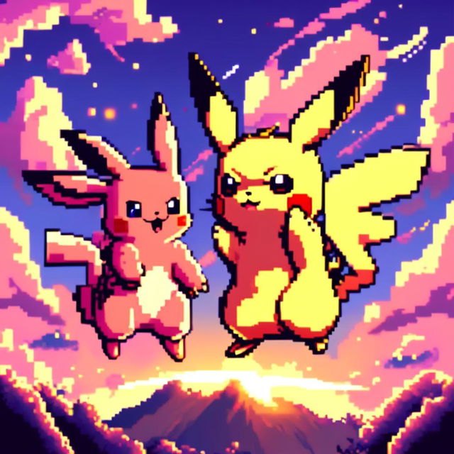 Pixel art profile picture featuring Pikachu and Mew in a friendly battle against a twilight sky.