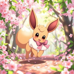 An adorable anime-style female Eevee with big eyes and a fluffy tail, wearing a large pink ribbon