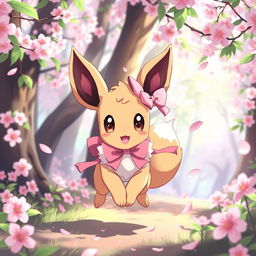 An adorable anime-style female Eevee with big eyes and a fluffy tail, wearing a large pink ribbon