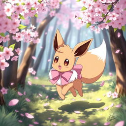 An adorable anime-style female Eevee with big eyes and a fluffy tail, wearing a large pink ribbon