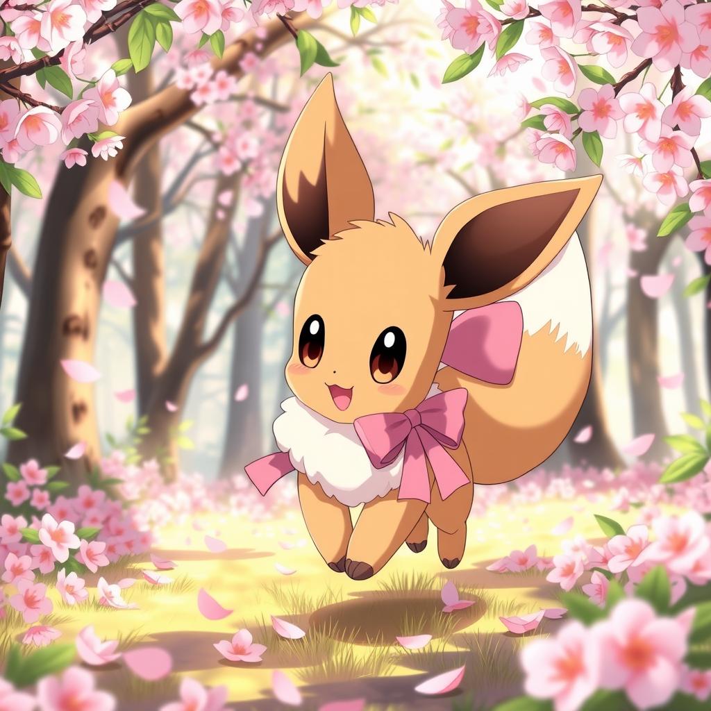 An adorable anime-style female Eevee with big eyes and a fluffy tail, wearing a large pink ribbon