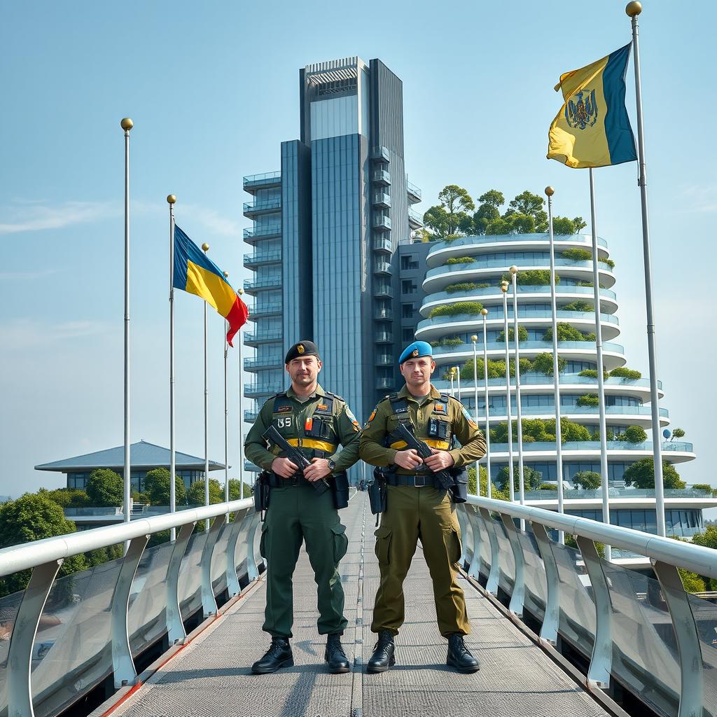 A striking close-up of Ukrainian and Romanian border guards standing on a bionic-shaped bridge, symbolizing cross-cultural unity and vigilance