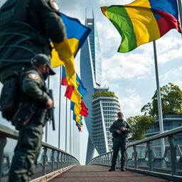 A striking close-up of Ukrainian and Romanian border guards standing on a bionic-shaped bridge, symbolizing cross-cultural unity and vigilance