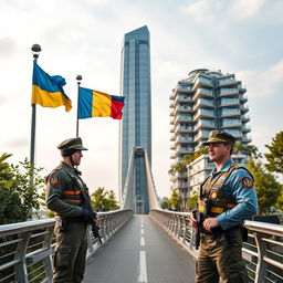 A striking close-up of Ukrainian and Romanian border guards standing on a bionic-shaped bridge, symbolizing cross-cultural unity and vigilance