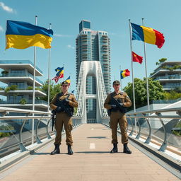 A striking close-up of Ukrainian and Romanian border guards standing on a bionic-shaped bridge, symbolizing cross-cultural unity and vigilance