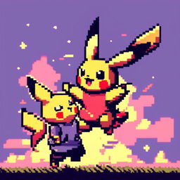 Pixel art profile picture featuring Pikachu and Mew in a friendly battle against a twilight sky.