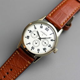 A vintage wristwatch with a white dial and a brown strap, appealing to a young audience