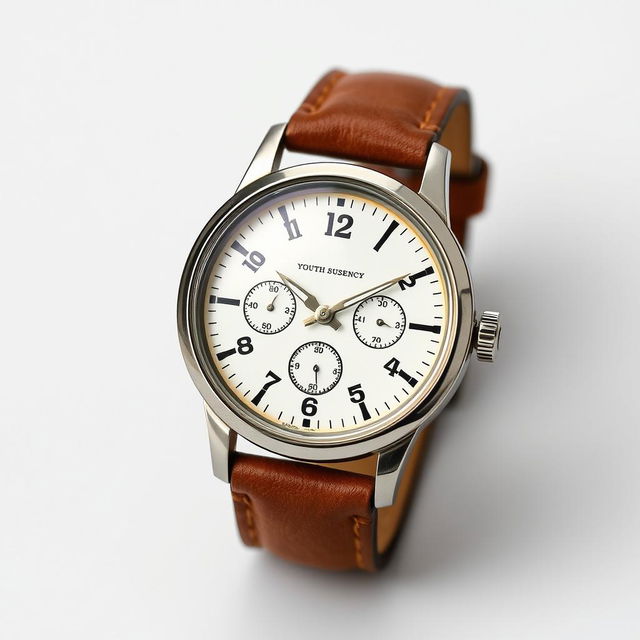 A vintage wristwatch with a white dial and a brown strap, appealing to a young audience