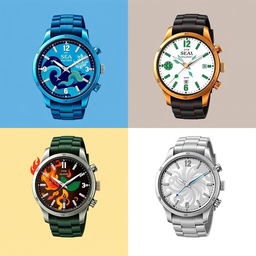 A collection of wristwatches, each representing one of the four elements: sea, earth, fire, and air