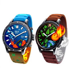 A collection of wristwatches, each representing one of the four elements: sea, earth, fire, and air