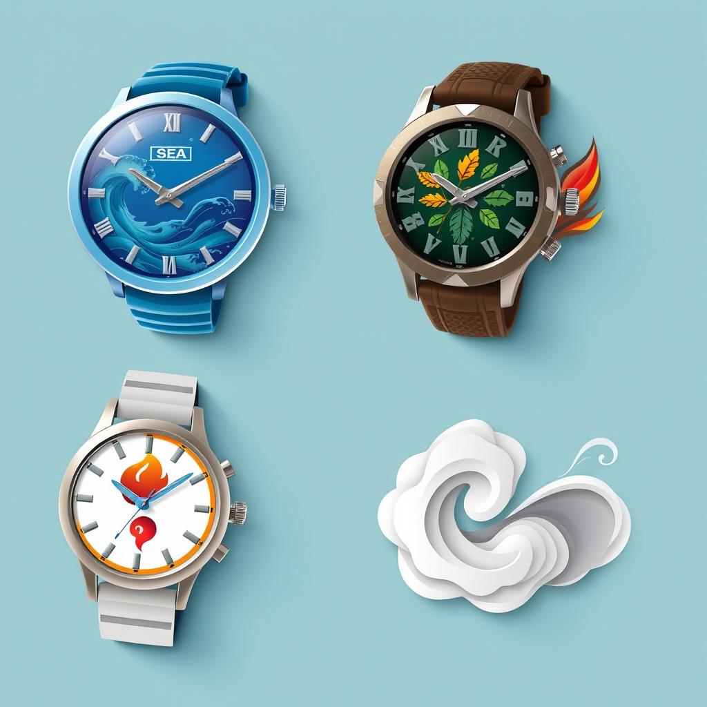 A collection of wristwatches, each representing one of the four elements: sea, earth, fire, and air