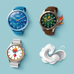 A collection of wristwatches, each representing one of the four elements: sea, earth, fire, and air